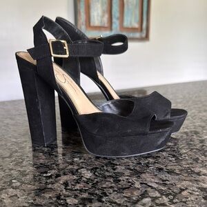 Jessica Simpson Black suede Chunky Platform Heels with Gold Buckle EUC 8.5
